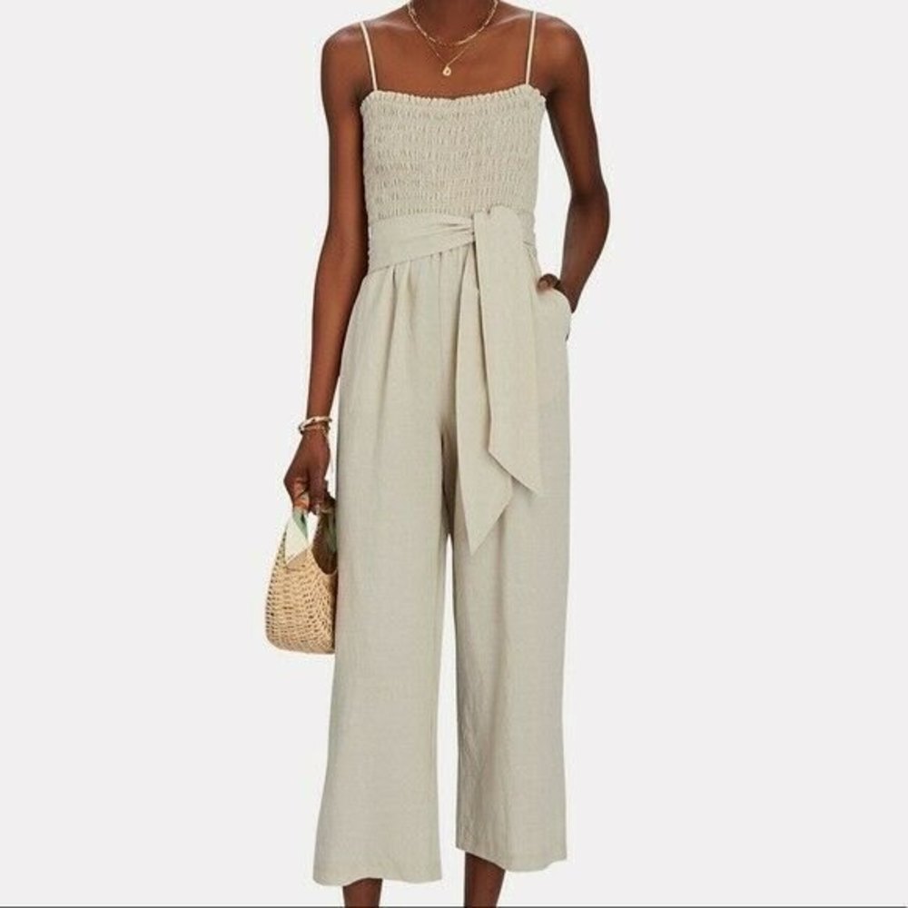 Intermix Shoshanna Linen Blend Smocked Sleeveless Wide Leg Jumpsuit